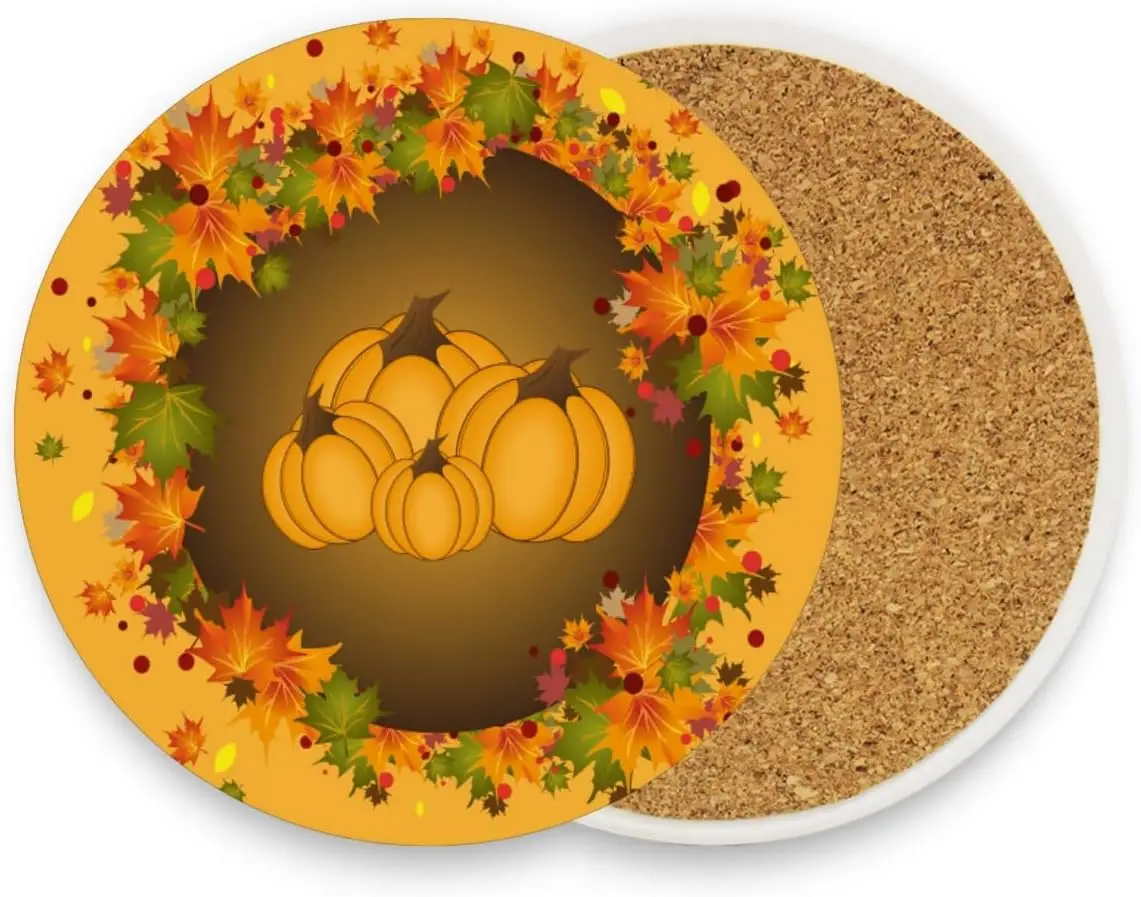Fall Pumpkin Print Drink Coaster Thanksgiving Maple Leaves Absorbent Round Ceramic Coasters for Desk,Country Autumn Cup Mats