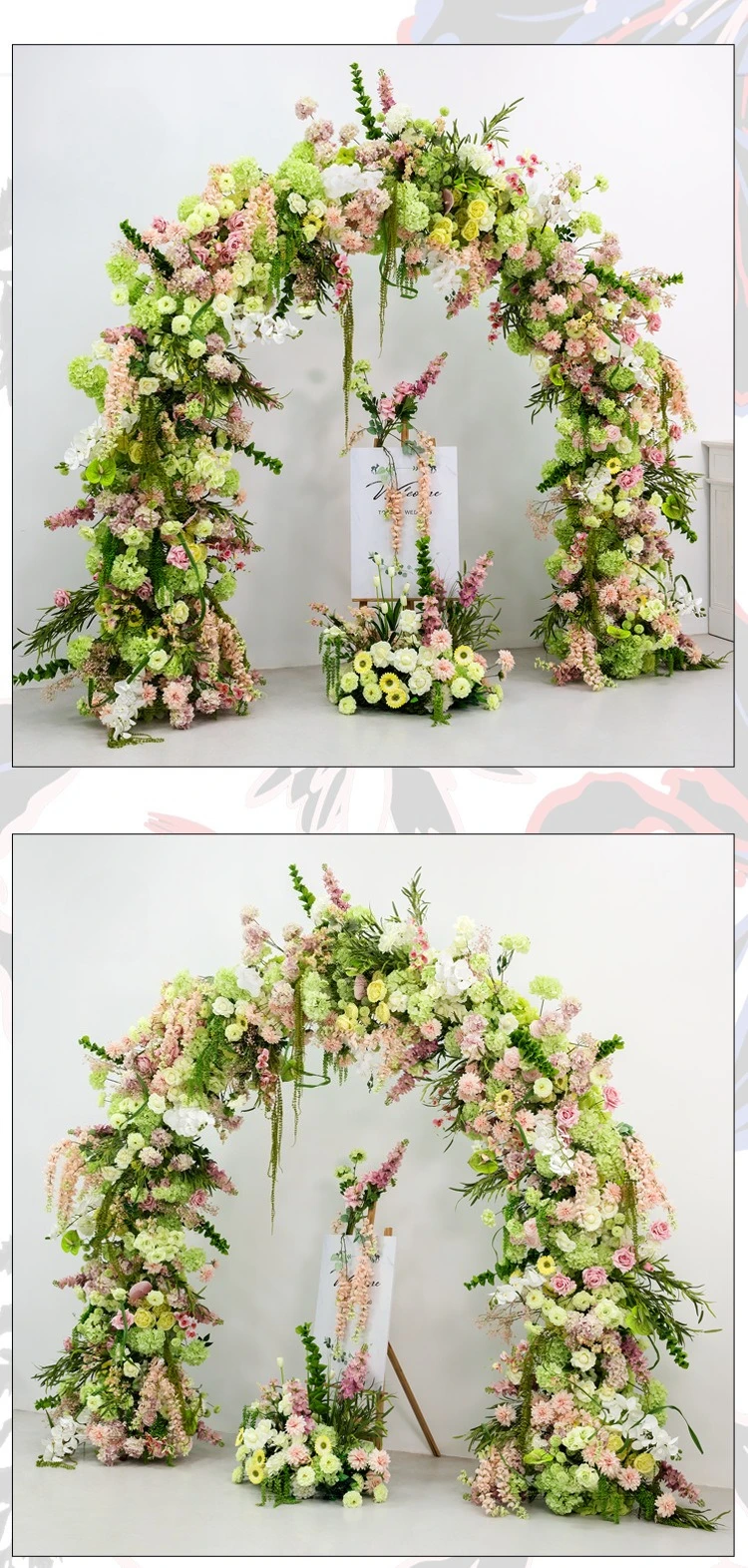Großhandel 240CM Rosa-Grüner Künstlicher U-förmiger Blumenbogen Hochzeits-Hintergrund Gang-Dekoration Künstliche Blumenarrangements für Veranstaltungsorte – Detail 11