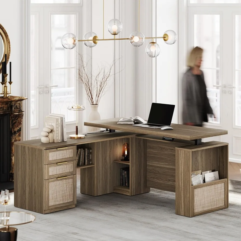 

Executive L-Shaped Standing Desk, 63" Length, with Storage Drawers and File Cabinet, AC/USB Outlets, 1.18" Thick Desk Surface, V