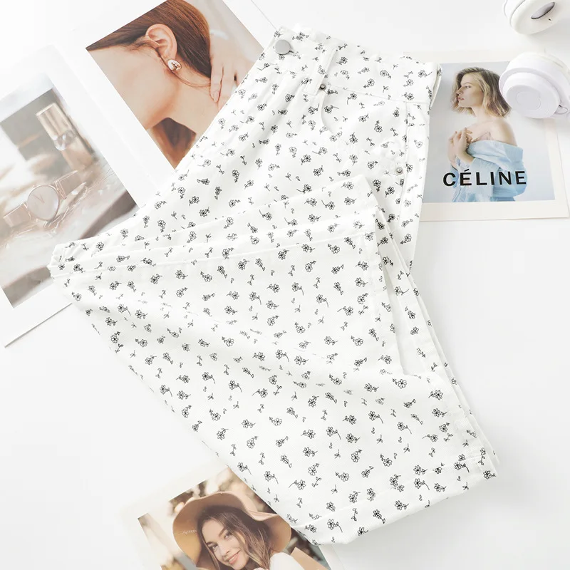 سراويل بيضاء مُزينة بنقشة الزهور للنساء، جينز صيفي متعدد الاستخدامات عالي الخصر للتخسيس كاجوال فضفاض بسبع نقاط #3