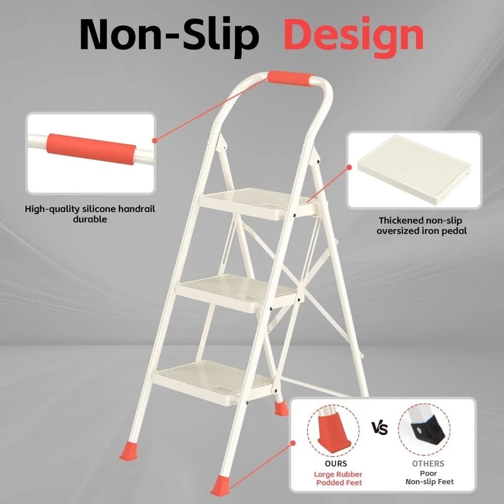 سلم قابل للطي بوزن 600 رطل شديد التحمل مع درابزين - مقعد طويل ممتد بثلاث خطوات للبالغين في المطبخ المنزلي