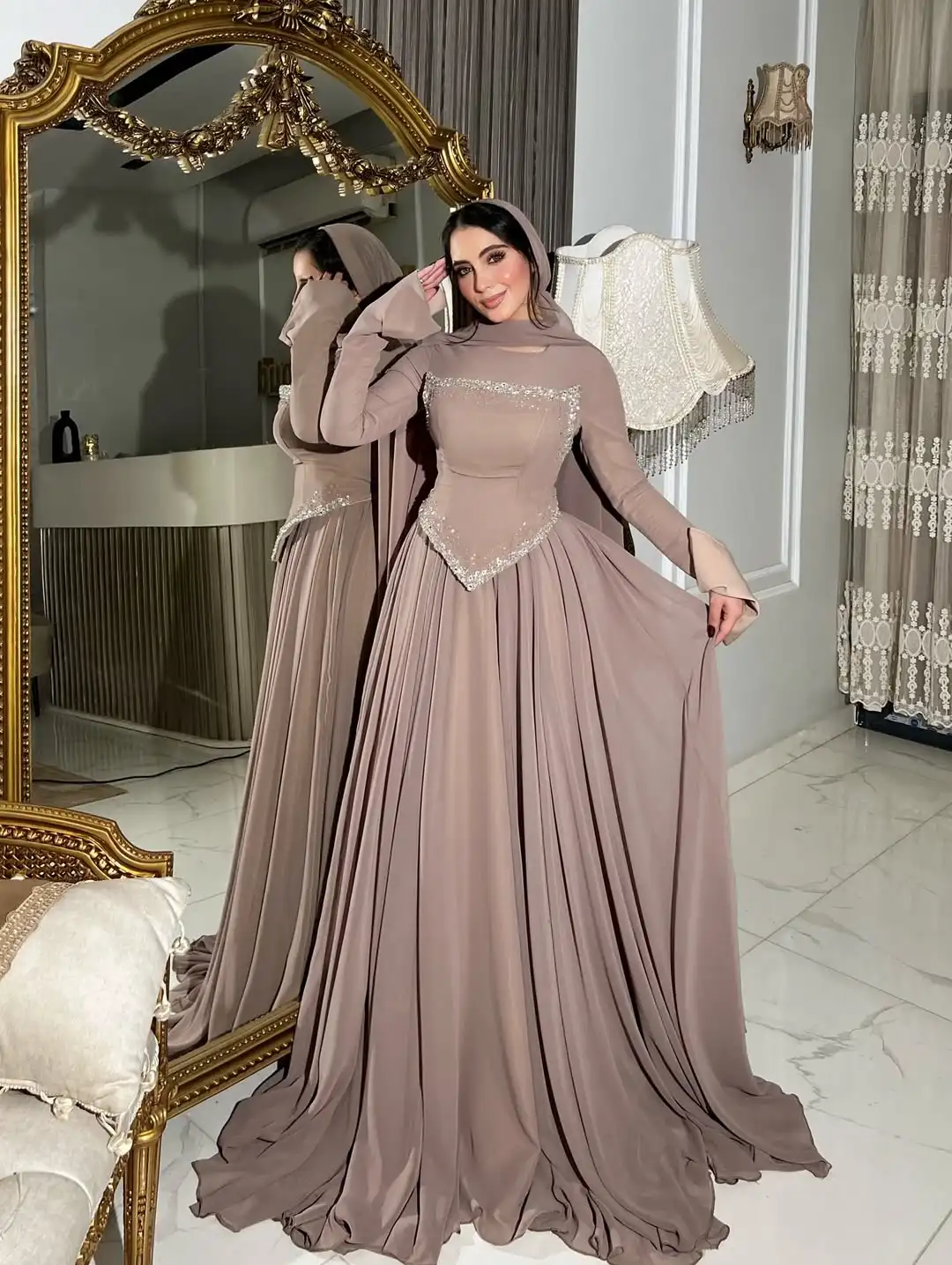 تصميم جديد يا الرقبة الديكور مشد أنيق كامل الأكمام ثنيات ألف خط أزياء ساحرة حفلة موسيقية اللباس الرسمي