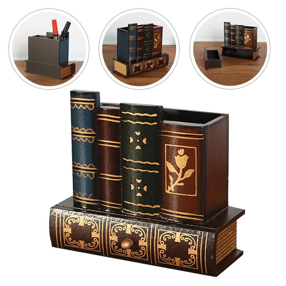 Pen Holder Ornament Office Retro Container Multi-purpose Wooden Ornaments Style Fake Book Brush Pot
