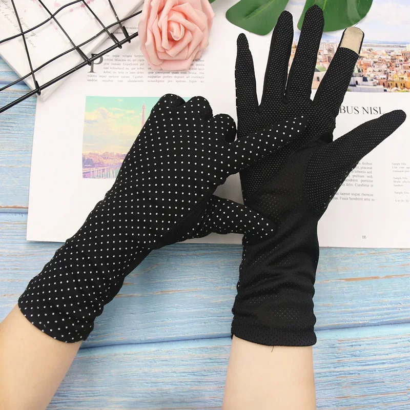 

Women's Summer UV Touch Screen Anti-skid Sunscreen Breathable Driving Gloves Long Cycling Printing Polka Dot Cotton Bike Gloves