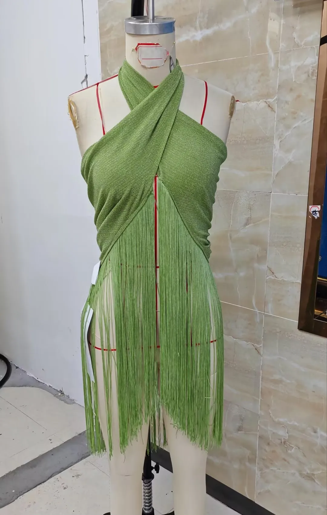 Women's Shimmering Olive Green Halter Tops Stylish Cross Neck Sleeveless Vest with Long Fringe Hem for Summer Parties