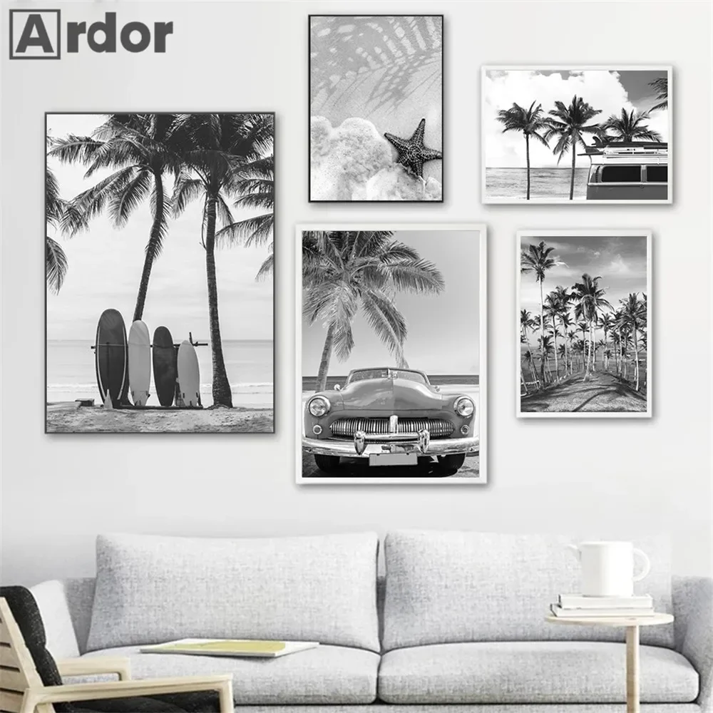 Black And White Starfish Beach Wall Posters Car Palm Tree Summer Landscape Art Print Canvas Painting Pictures Nordic Home Decor