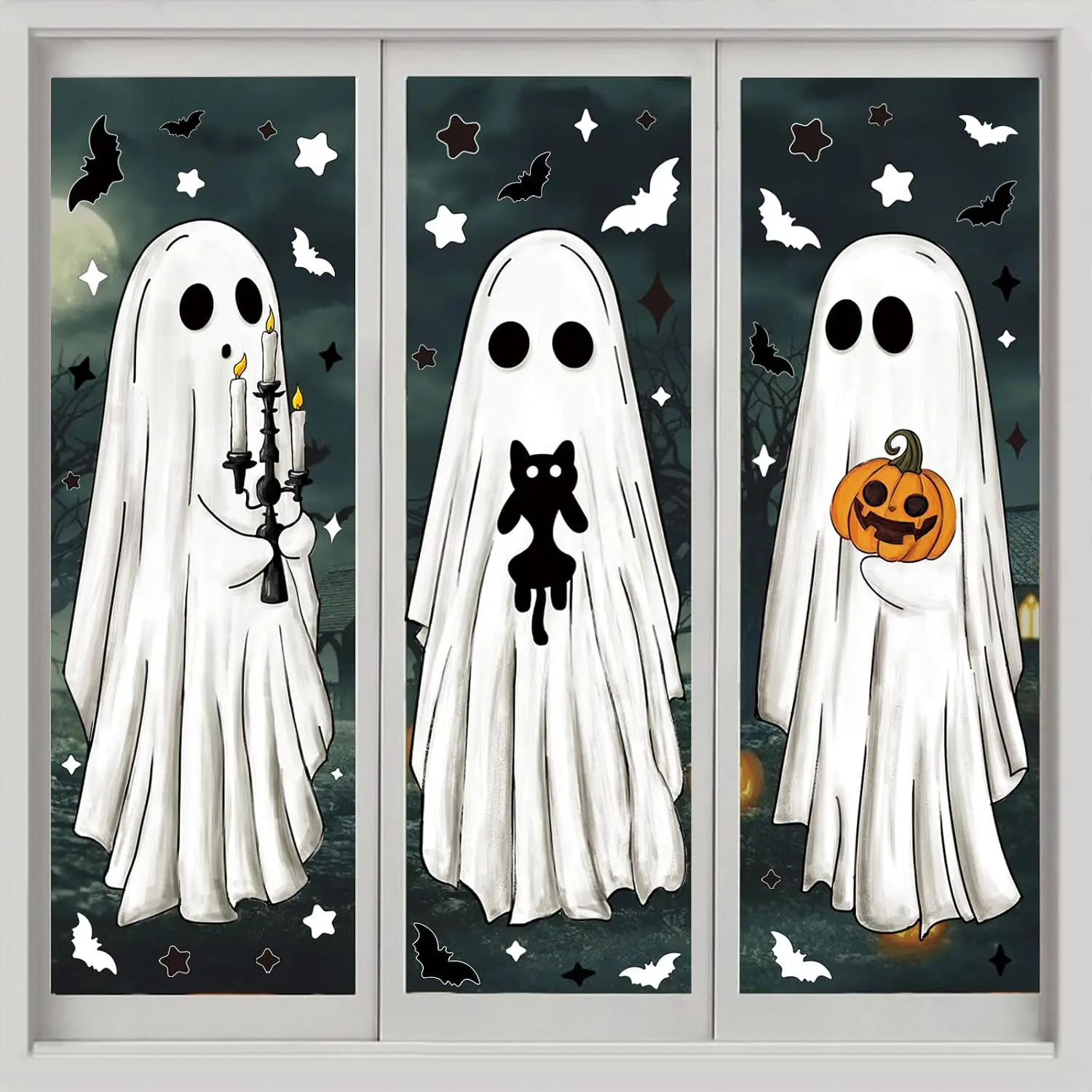 3 Sheets Halloween Large Ghosts Window Clings Decoration Bats Black Cat Spooky Pumpkin Window Stickers For Home Holiday Party St