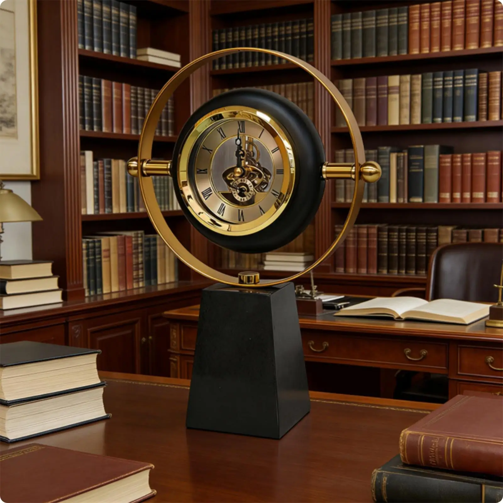 Clock with Pedestal Base Gold-Tone Circular Table Clock Easy to Read for Cabinet