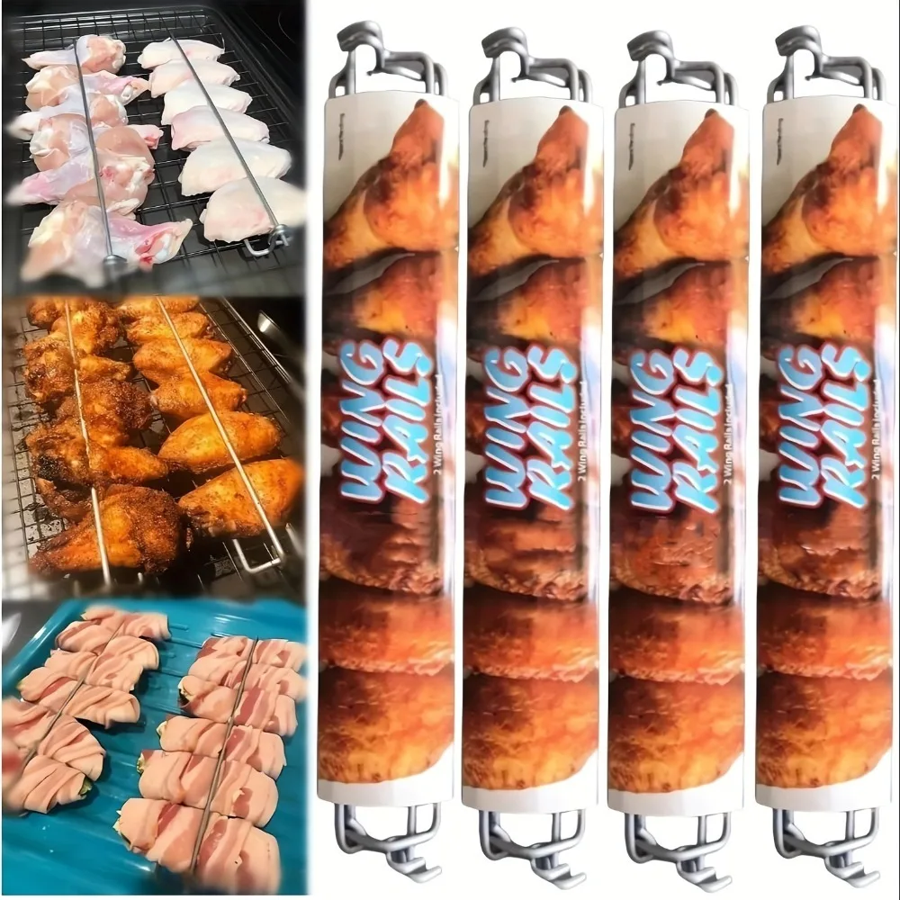 4pcs Wing Rails Grill Chicken Wings Rack Chicken Wings Flats Chicken Wing Kabob BBQ Skewers Rotisserie Basket Rack Accessories