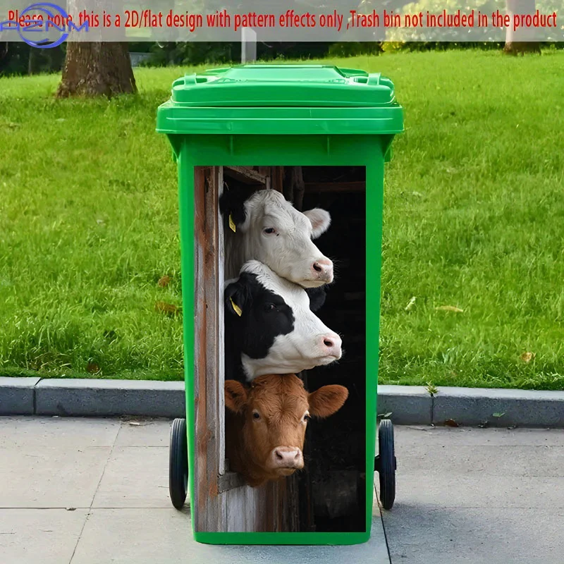 2D Flat Printing] 1pc 2D Pattern Printed Kitchen Trash Can Sticker XCm Three-Headed Cow Window View Theme Kitchen Home Decorat