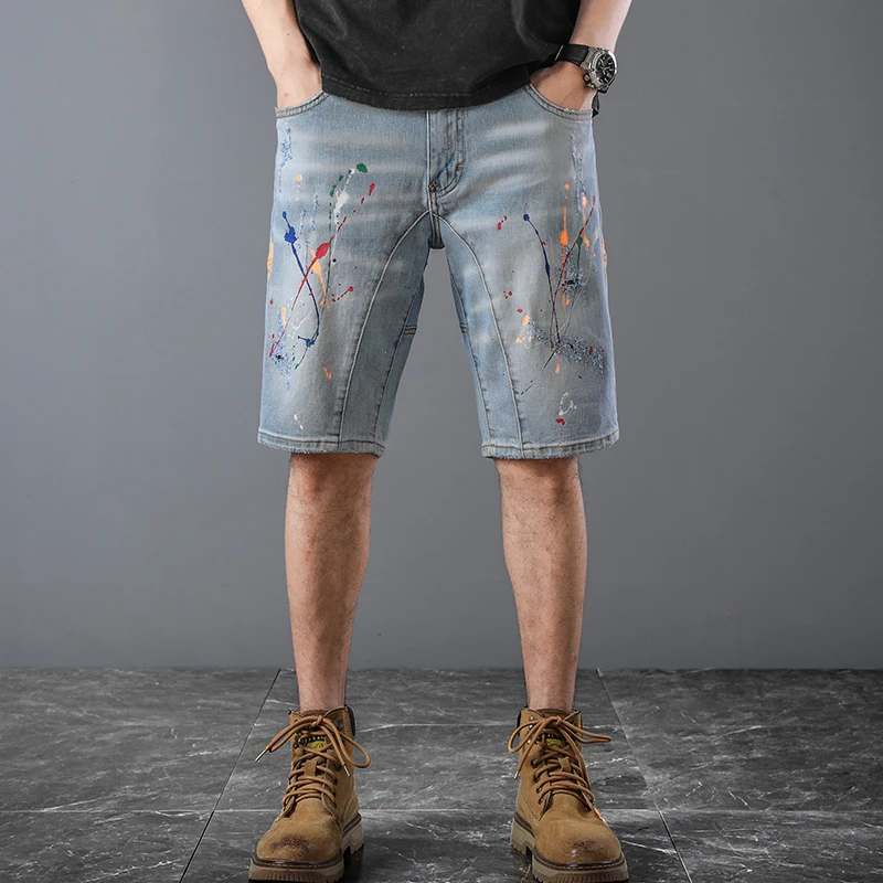 

JXN1013 Men's denim straight loose shorts summer casual thin section inkjet casual five trousers Korean version of the breeches
