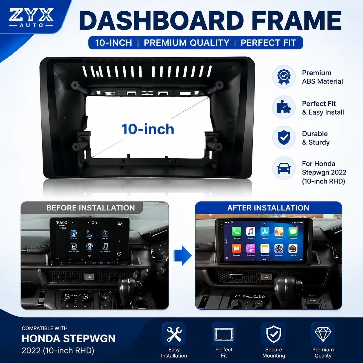 10 Inch Dashboard Fascia Frame for Honda Stepwgn 2022 RHD, Optional Harness, CANBUS Decoder or Fascia Frame for Android Radio