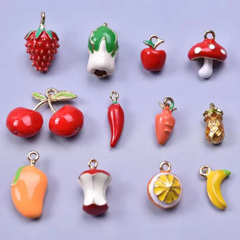 6pcs/lot Fruit Vegetable Enamel Alloy Pendant Charms Strawberry Pepper Apple Mushroom Pineapple Mango DIY Jewelry Making Bulk