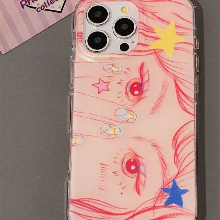 

Kawaii Cute Y2k cartoon Cool girl Pink Star Big Eyes sweet Phone Case for iPhone 17 11 12 13 14 15 16 Pro Max Plus Cover ﻿﻿﻿﻿﻿