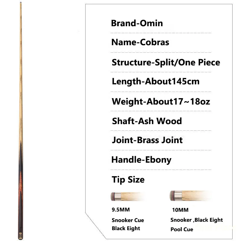 New Arrival OMIN Snooker Cue Stick Cobras 9.5MM/10MM Tip Size Ash Shaft Ebony Wood Handle With Snooker Cue Case Set