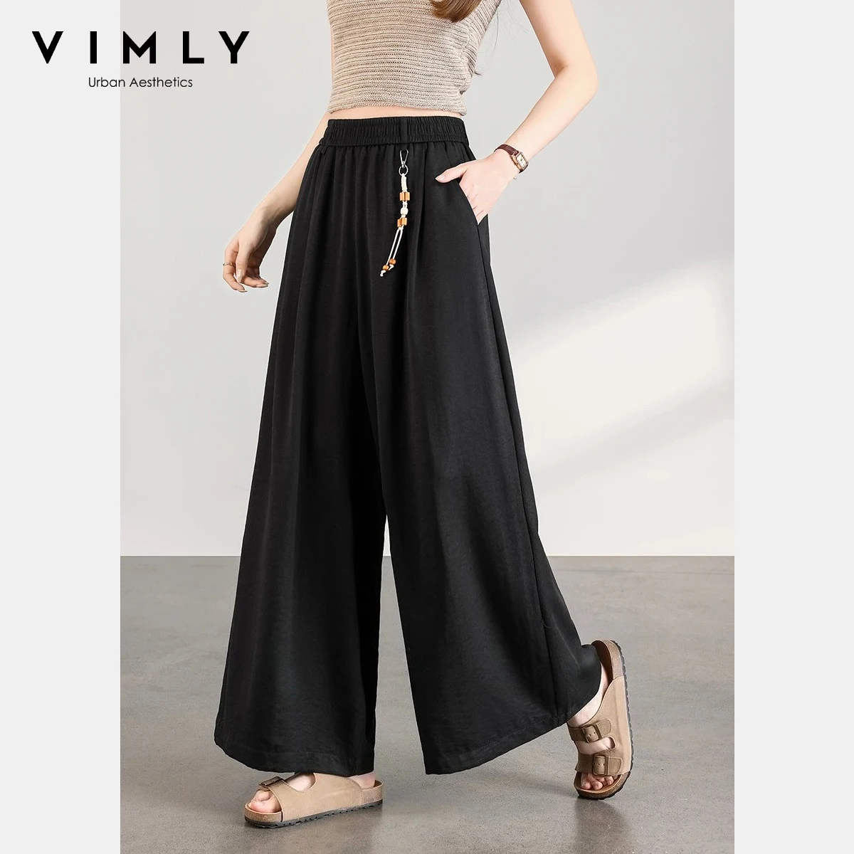 

VIMLY Women's Black Wide Leg Pant 2026 Spring New Fashion Casual Pendant Decoration High Waist Loose Straight Long Trouser 30773