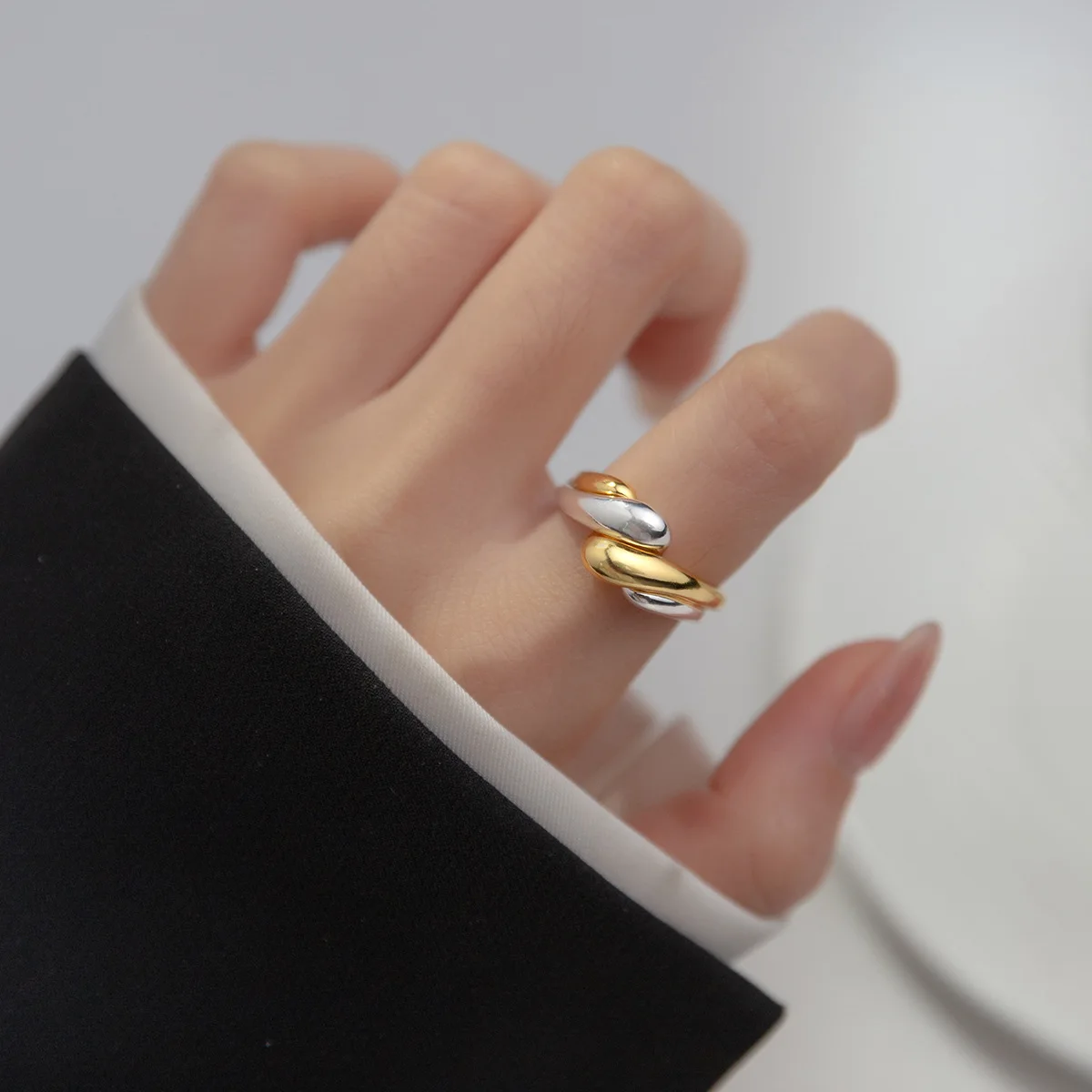 

MIQIAO Two Rings Bicolor 925 Sterling Silver Jewelry For Women Female Ring Irregular Curve Wave Superimposition Trending Product