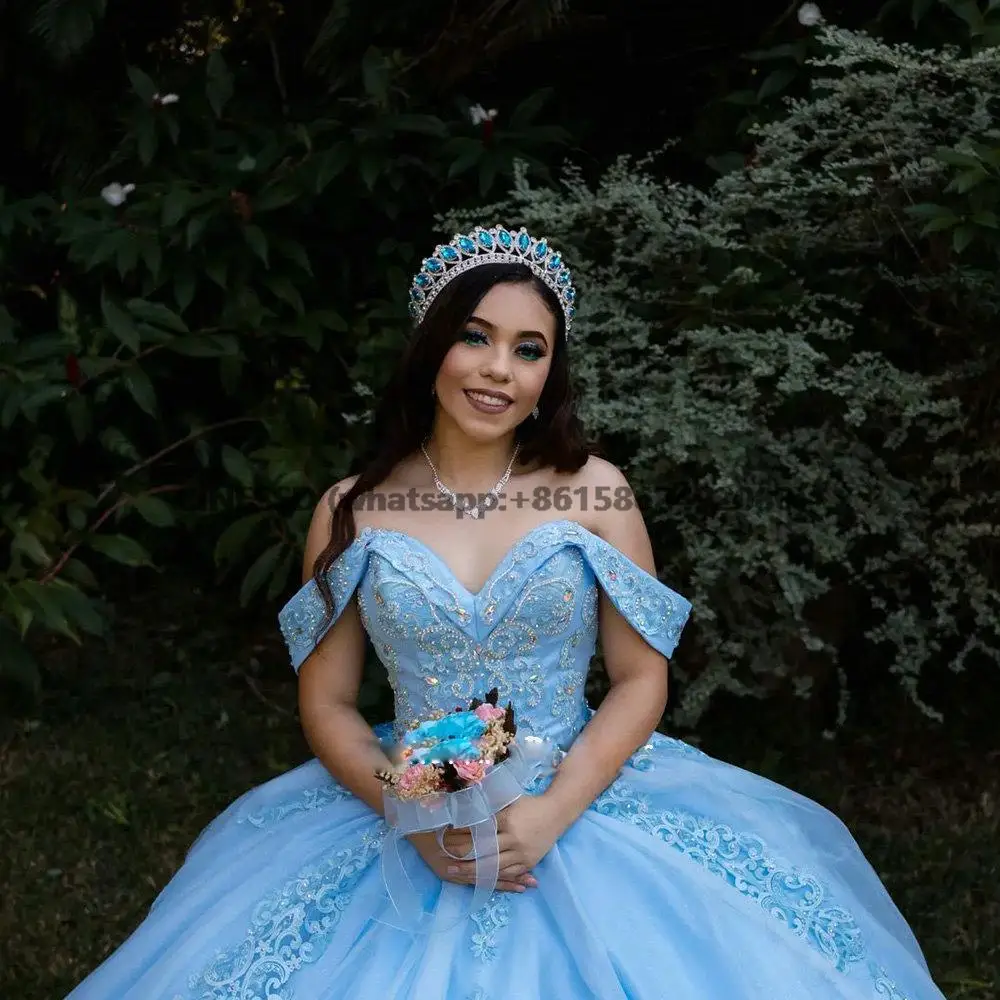 Vestido De quinceañera con espalda abierta, traje De baile con cuentas De cristal, hombros descubiertos, apliques De encaje, corsé, 15 años