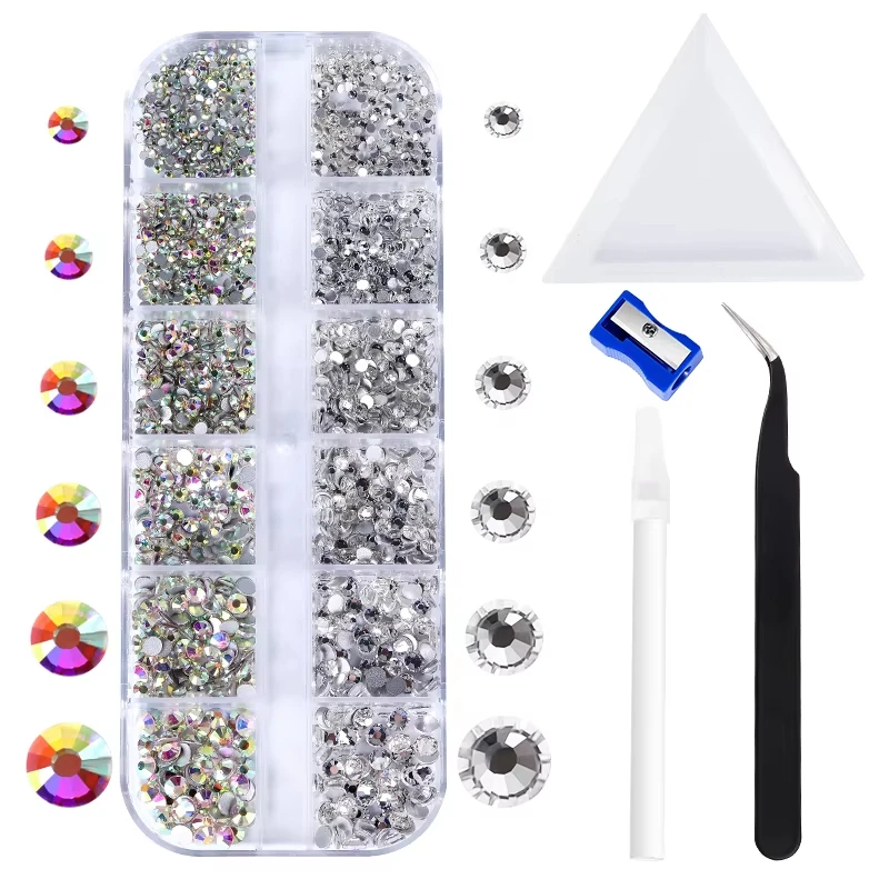 Nail Art Rhinestone 12 Grids Box Nail Beads AB Crystal Flatback Pearl Jewelry Gems with Storage Organizer for Nail Decorations