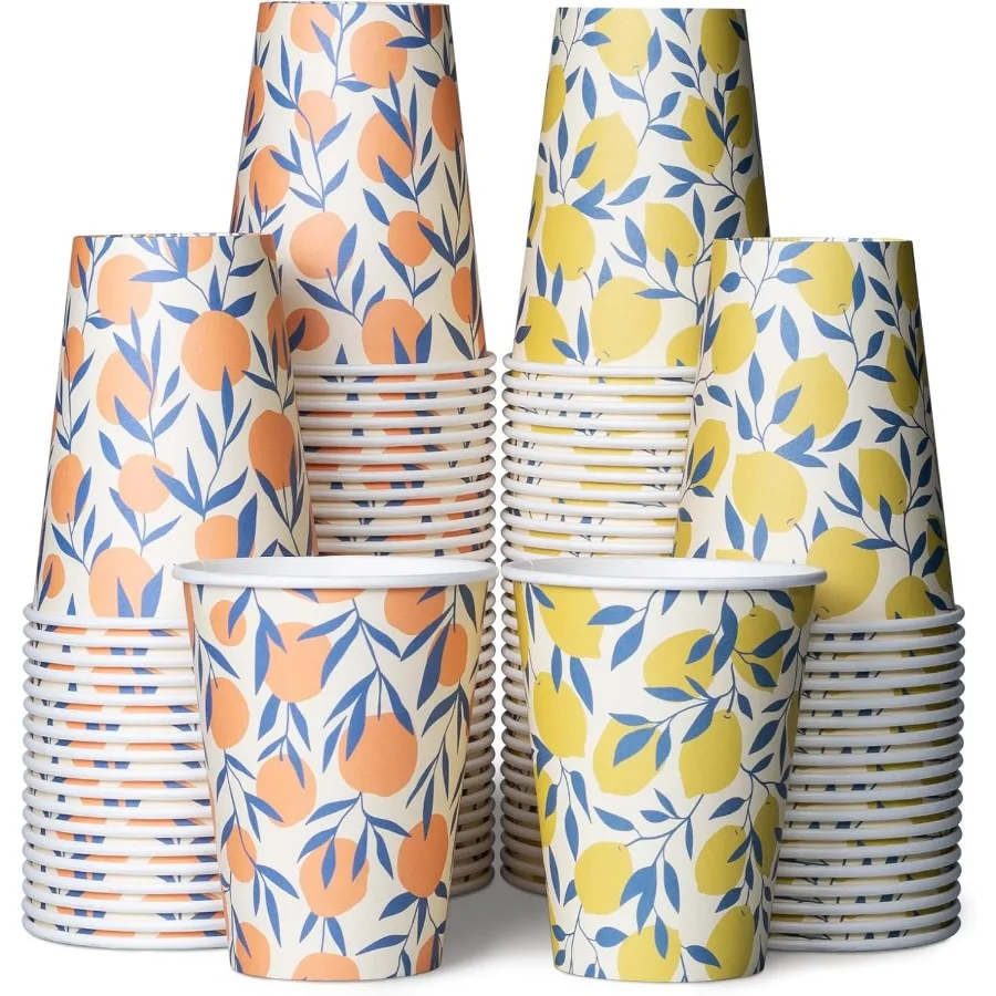 

100 упаковок одноразовых бумажных кофейных чашек на 12 унций для горячих и холодных напитков, оранжевый цвет и желтый лимонный дизайн, идеально подходит для офиса