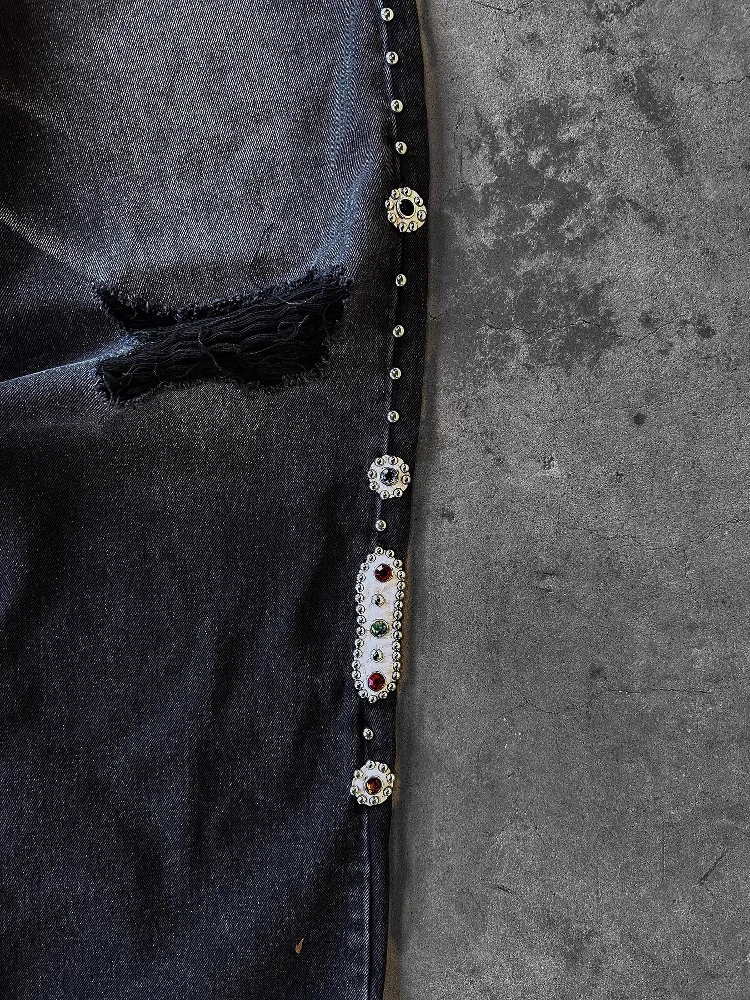 Calças de brim dos homens punk vintage streetwear preto perna larga denim calças strass pérola decoração rasgado angustiado solto ajuste y2k moda