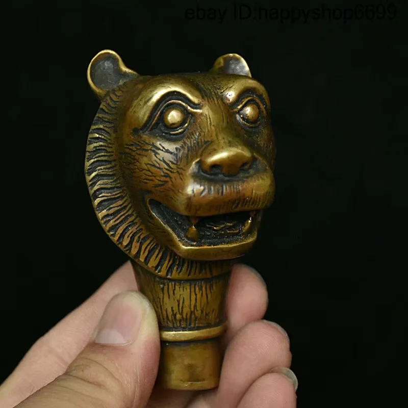 Old Chinese Bronze Fengshui 12 Zodiac Year Tiger Beast Head Crutch Handle Statue Desk Decoration Figurines Statues et Sculptures
