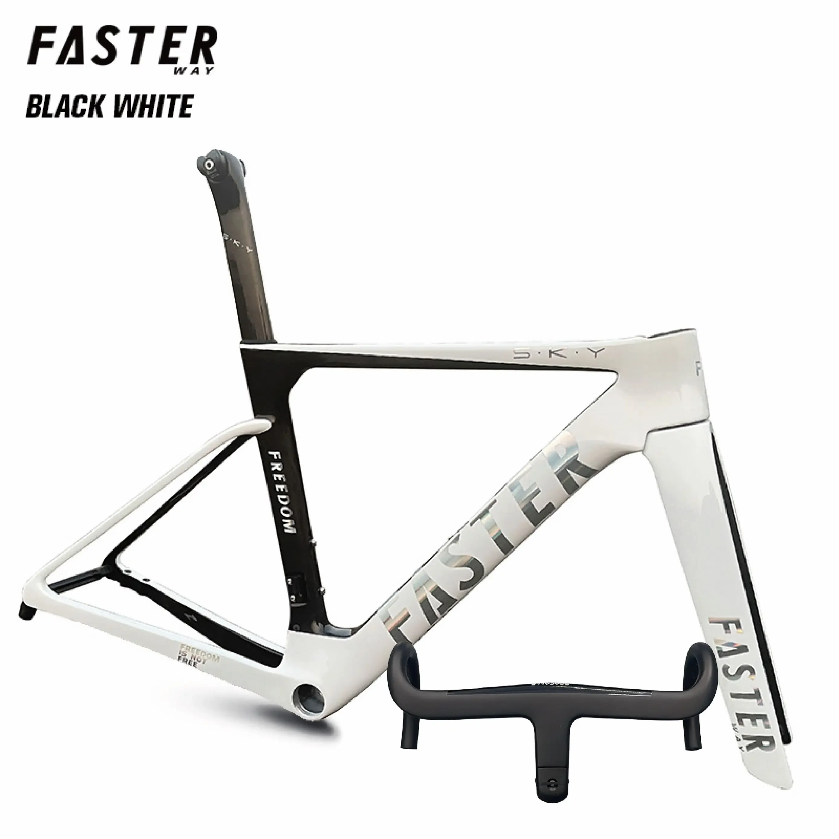 

Pearl white black FASTERWAY Freedom Frameset Carbon Bike Road Frame with Fork Seatpost Clamp Headset Handlebar fit 32mm tires
