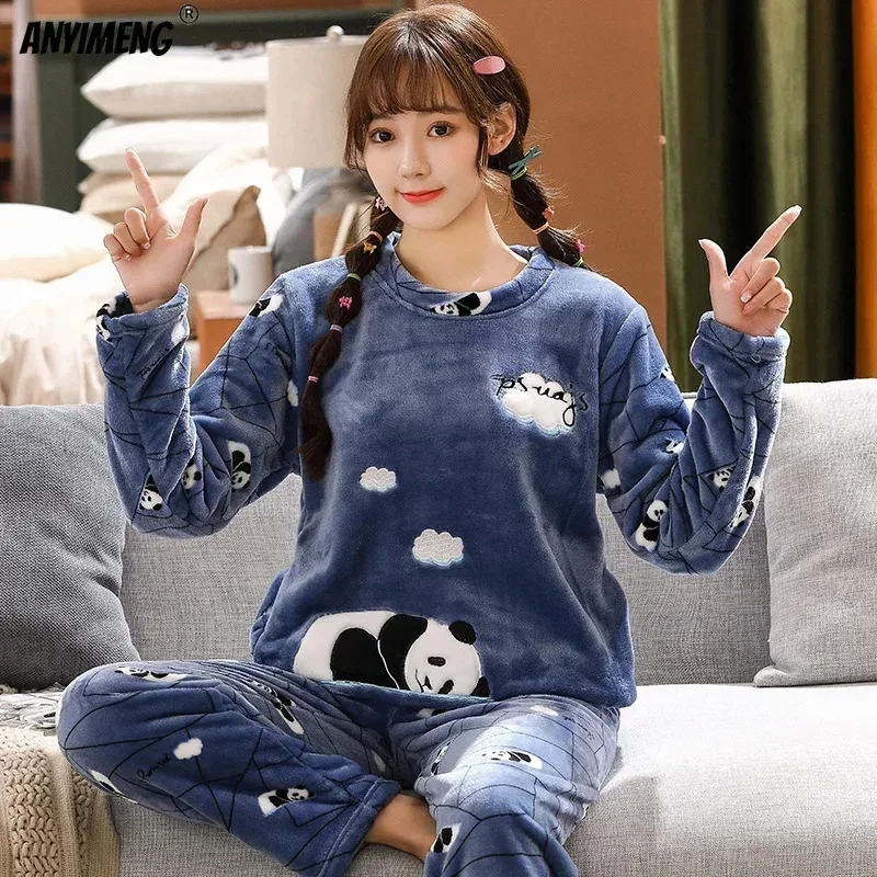

New Winter Flannel Pajamas for Young Girls High Quality Velvet Round Neck with Pocket Pajama for Women Casual Woman Clothing