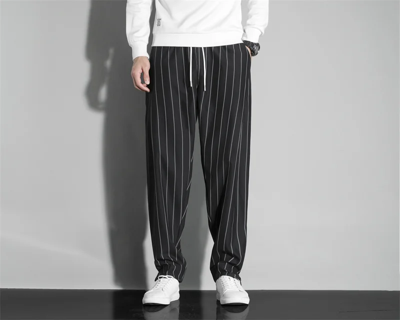 Men's Vertical Striped Drawstring Casual Pants Elastic Waist Loose Straight Lightweight Daily Trousers