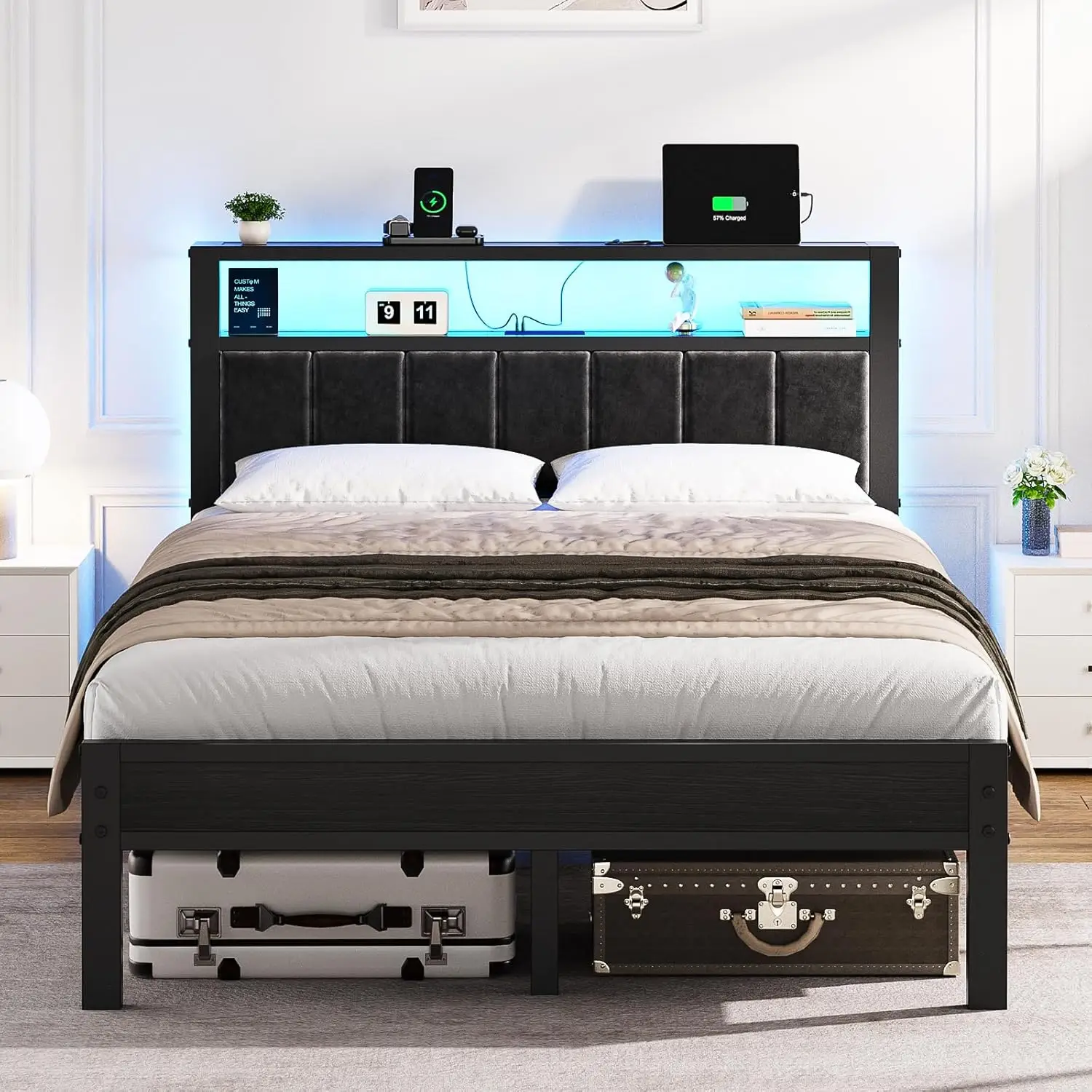 

Full Size LED Platform Bed Frame with Charging Station & Storage Headboard Easy Assembly No Box Spring, Customized