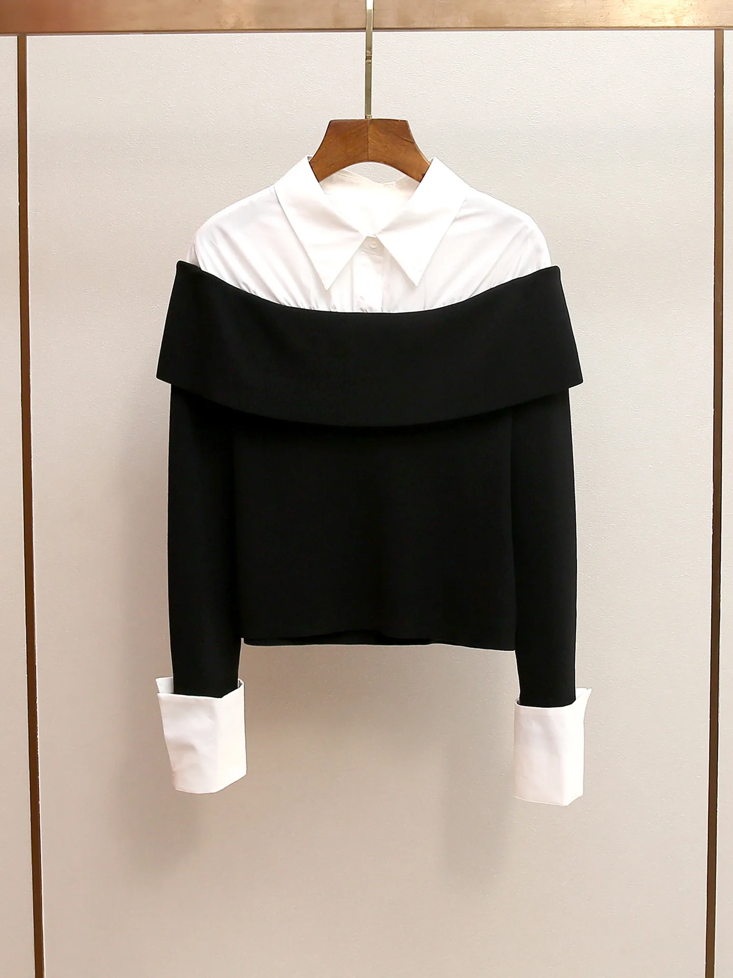 

High-end autumn winter new Korean youthful preppy faux two-piece lapel patchwork knit sweater for women pulls femmes hiver 니트