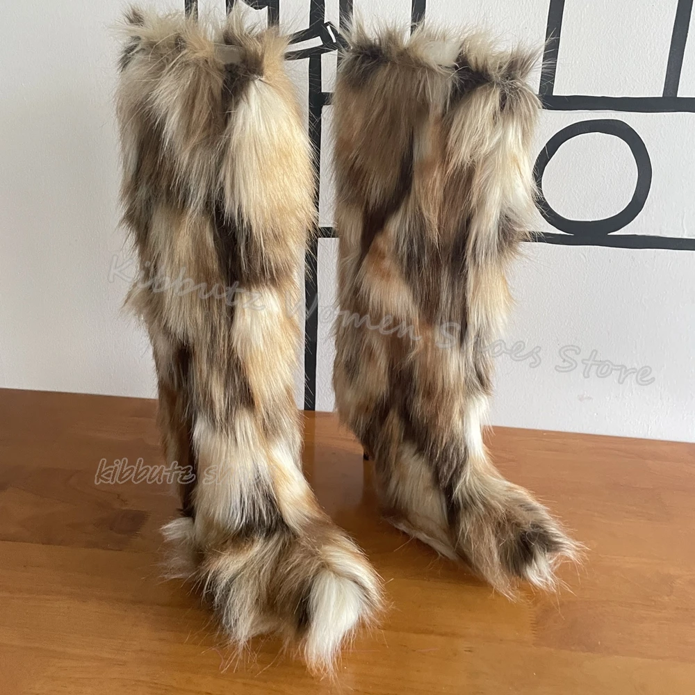 Botas peludas hasta la rodilla, moda cálida de invierno, novedad, zapatos de mujer sin cordones elegantes y concisos, nuevos tacones finos con punta redonda, colores mezclados