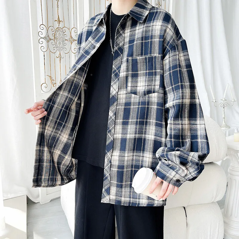 

Spring Autumn Korean-style Trendy Retro Plaid large-sized Lapel Long-sleeved Shirt Coat Casual Shirt Jacket
