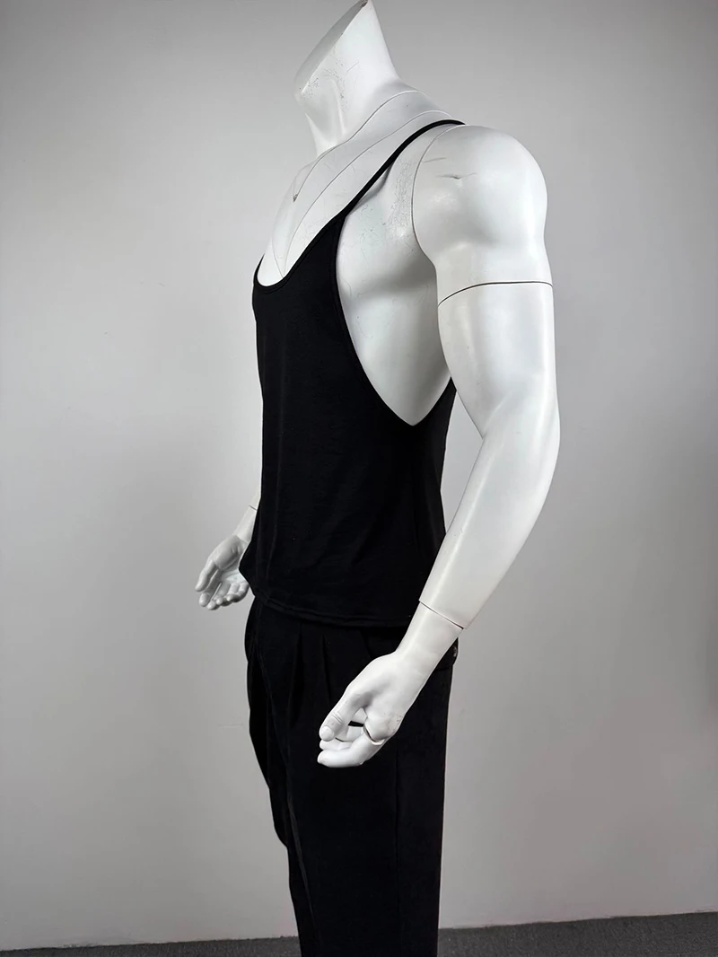 Herren-Tanktop mit tiefem U-Ausschnitt, dünnen Spaghettiträgern, einfarbig, für Fitness, Bodybuilding, Muskeltraining, ärmellos – Detail 19