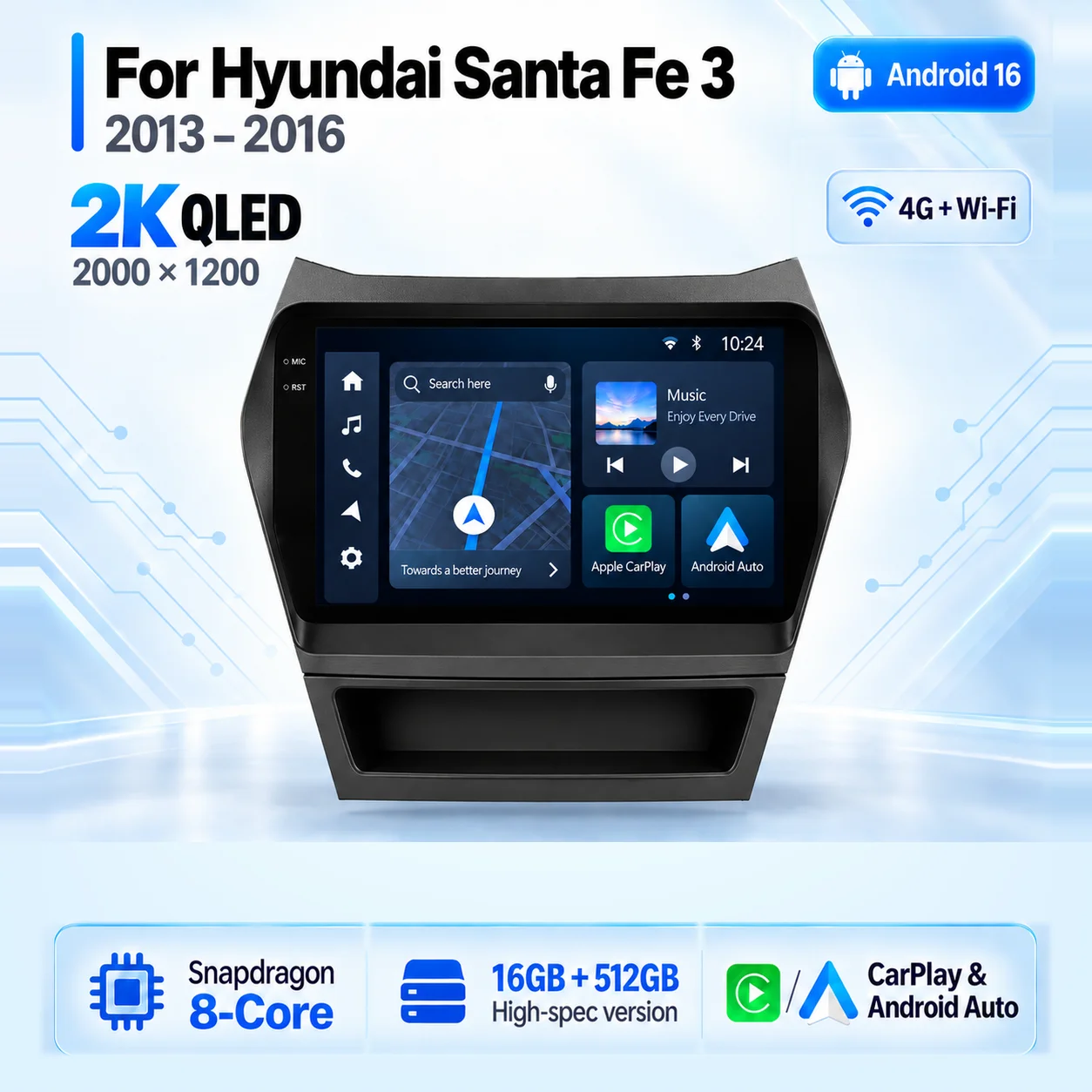 Android 16 Carplay Auto 2K Screen Car Radio Multimedia Player For Hyundai Santa Fe 3 2013 - 2016 Autoradio GPS Stereo Head Unit