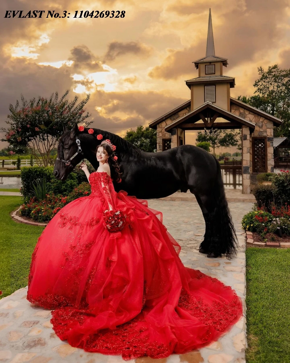 EVLAST-Robe de Quinceanera rouge brillante personnalisée, robe de Rhavec appliques en dentelle, cape de perles, corset doux, 16 ans, E3Qpionner