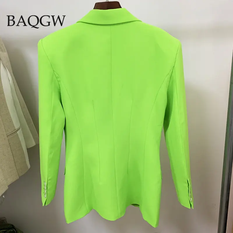 Streetwear Designer Jacket Women\'s Extra Shoulder Single Button Long Blazer Fluorescence Green Office Lady Luxury Jacket Coat