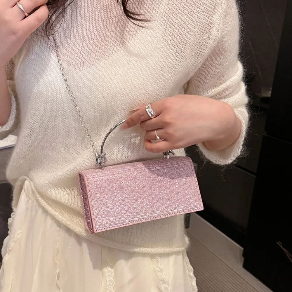 

Elegant Women Clutch Bag Metal Top Handle Trendy Shiny Crossbody Bag Solid color Shoulder Ladies Tote Handbag Bridal