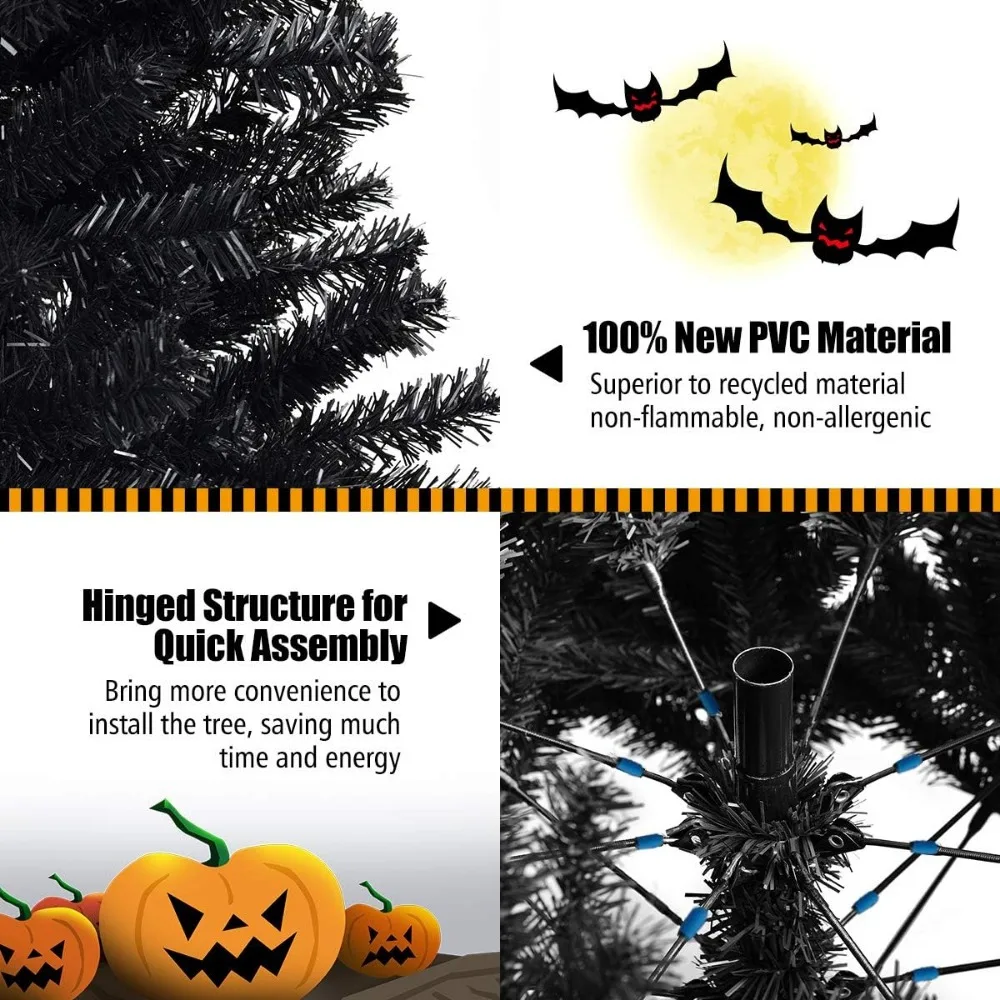 7.5FT Black Christmas Tree with Sturdy Metal Stand Unlit Halloween Tree with 1258 Branch Tips PVC Needles