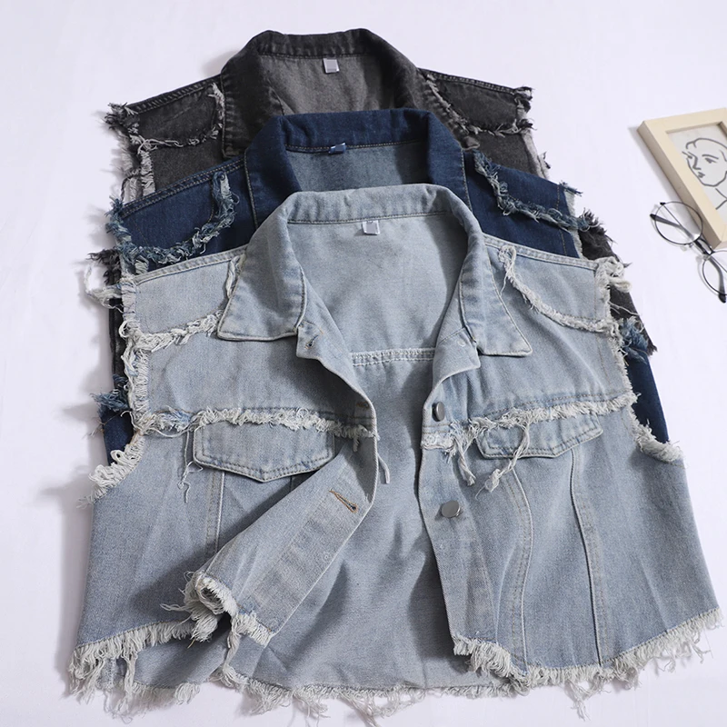 

Gagaok American Retro Waistcoat Women Irregular Denim Vest Jacket Korea Fashion Streetwear Short Tassel Versatile Sleeveless Top