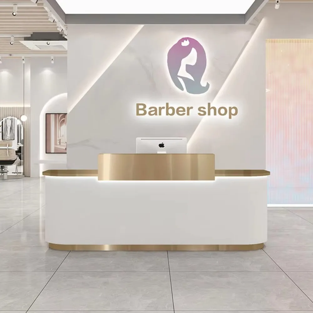 

Стойка ресепшн из нержавеющей стали с золотым покрытием для салона красоты, бело-золотая стойка-ресепшн