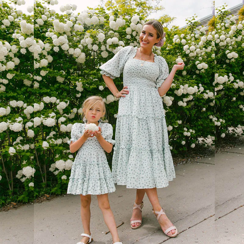 Family Clothes Matching Mother Daughter Dress Summer Floral Dresses for Women Girls Toddler Rufflers Sleeves Dress Mom Day Gift