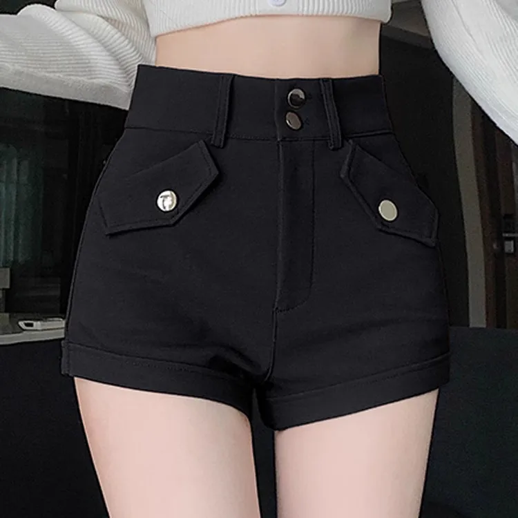 American Style Hot Girl Black Shorts Women's Spring Summer New Design Double Buckle High Waist Slim Elastic Straight Leg Hot ...