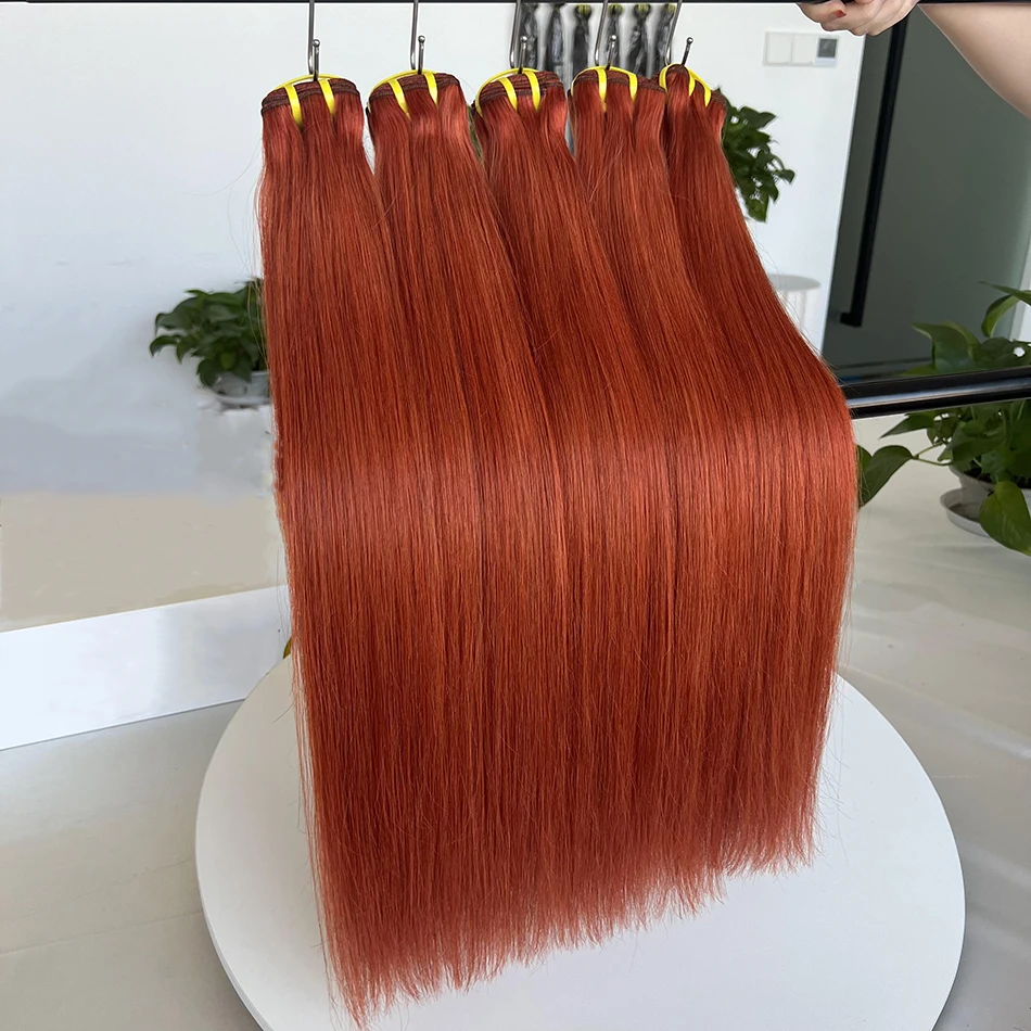 Bundles de cheveux humains raides pour femmes, tissage brésilien, extensions de cheveux humains vierges, couleur vidéo orange, 350, 10A, 16-24 pouces, # 100%