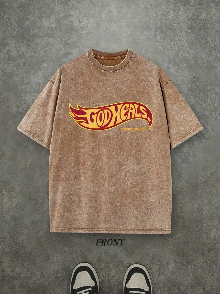 

Vintage Washed God Heals Scripture Tee For Men And Women, Heavyweight 100% Cotton Streetwear Christian Gift Fall Shirt