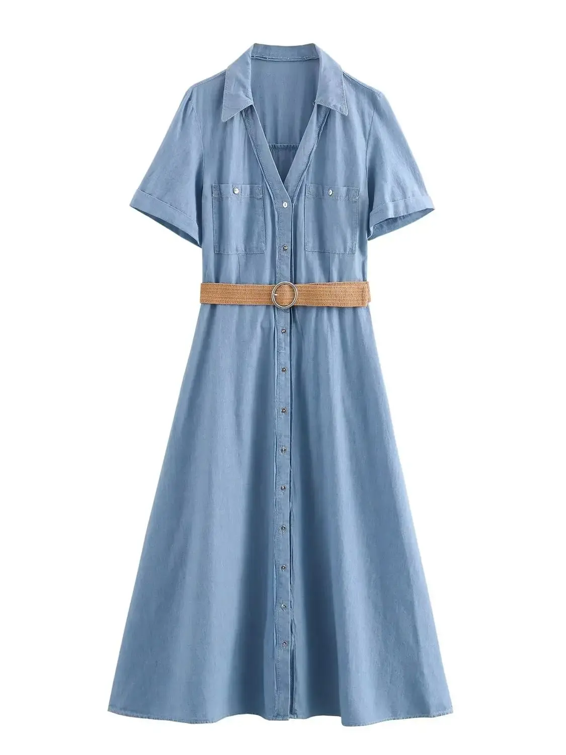 XNWMNZ 2024 Women's Fashion Belt Midi Shirt Dress High Street Lapel Short Sleeve Front Button Pocket Versatile Female Dresses