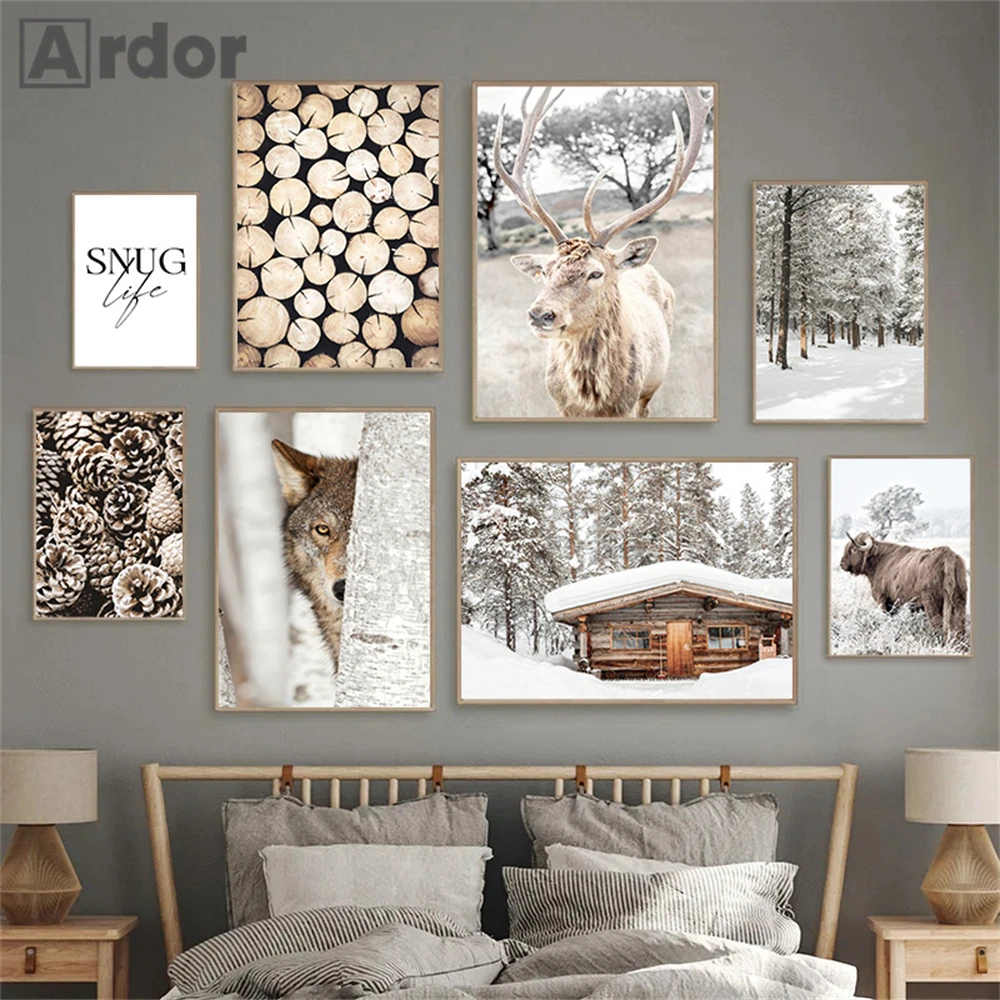 Wood Wolf Deer Poster Winter Snow Tree House Canvas Painting Wall Art Print Pine Posters Nordic Wall Pictures Living Room Decor