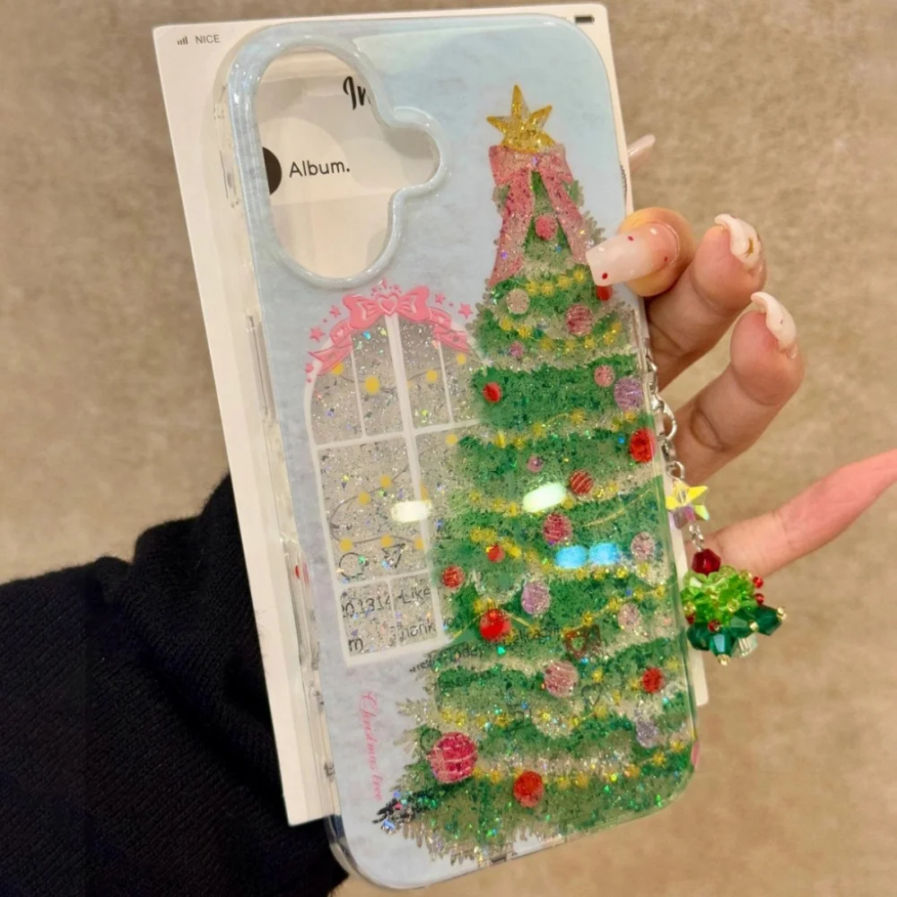 الفاخرة شجرة عيد الميلاد قلادة النافذة أضواء الترتر الحال بالنسبة آيفون 17 برو ماكس 16 15 برو 14 زائد 13 12 11 Blingbling غطاء