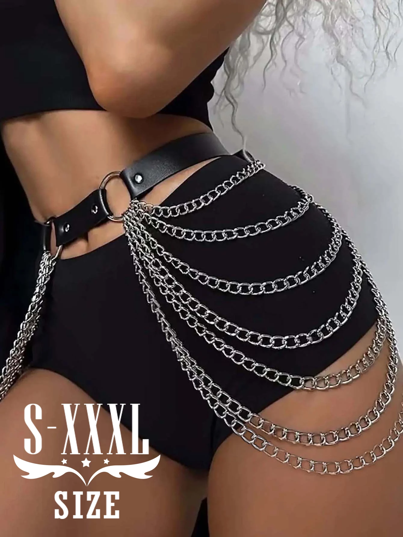 

Гламурная поясная цепочка: черный кожаный ремень с серебряной цепочкой, сексуальные украшения для тела для женщин, идеально подходят для Raves