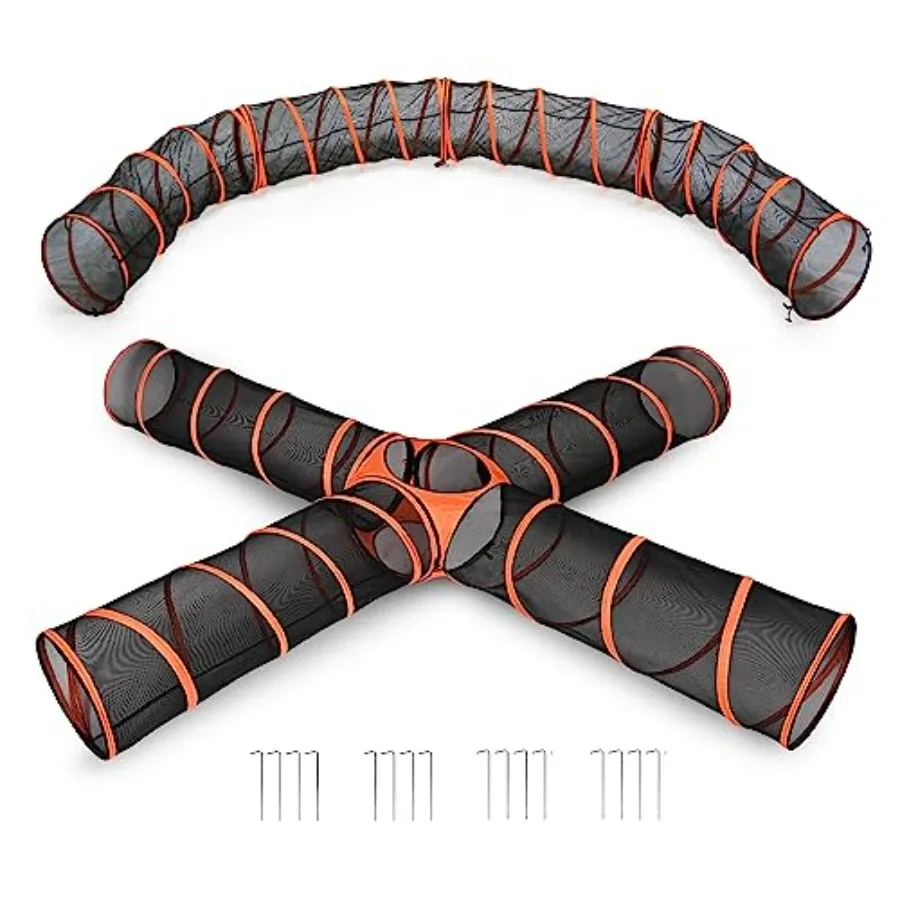 

play tunnels for indoor and outdoor use, polyester fabric, orange/black, 4-way pop-up design with easy setup and portability